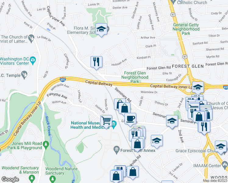 map of restaurants, bars, coffee shops, grocery stores, and more near 2506 Seminary Road in Silver Spring