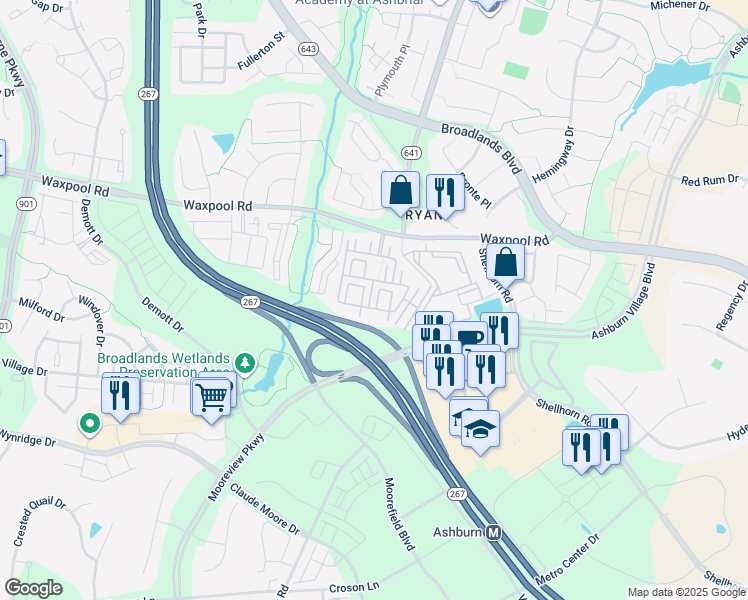 map of restaurants, bars, coffee shops, grocery stores, and more near 21782 Kelsey Square in Ashburn