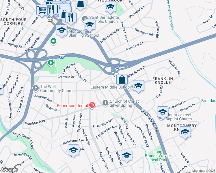 map of restaurants, bars, coffee shops, grocery stores, and more near 201 East Indian Spring Drive in Silver Spring