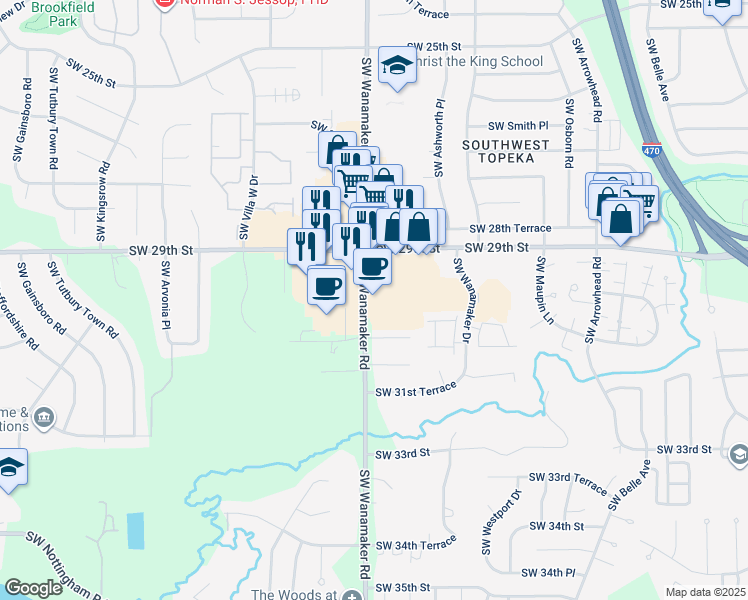 map of restaurants, bars, coffee shops, grocery stores, and more near 3020 Southwest Wanamaker Road in Topeka
