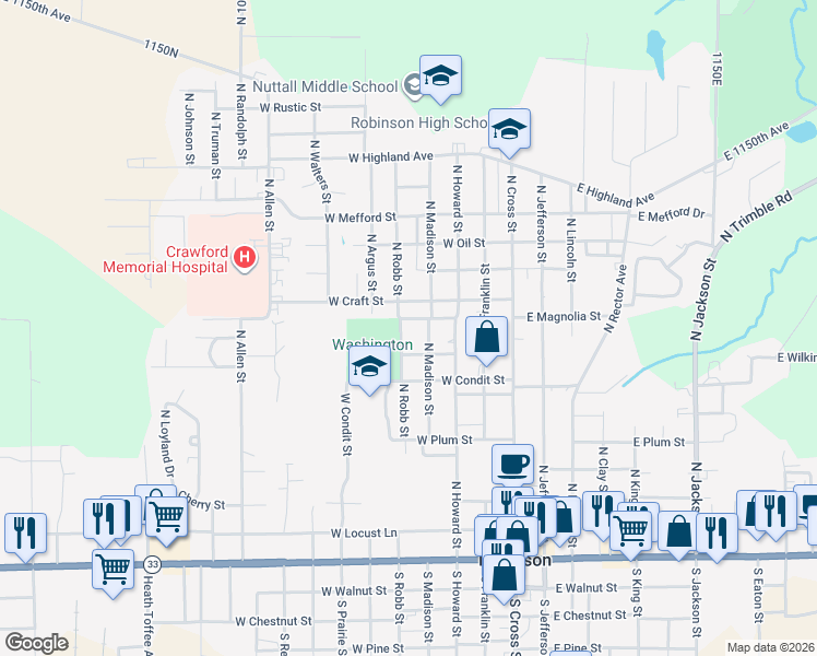 map of restaurants, bars, coffee shops, grocery stores, and more near 900-998 North Robb Street in Robinson