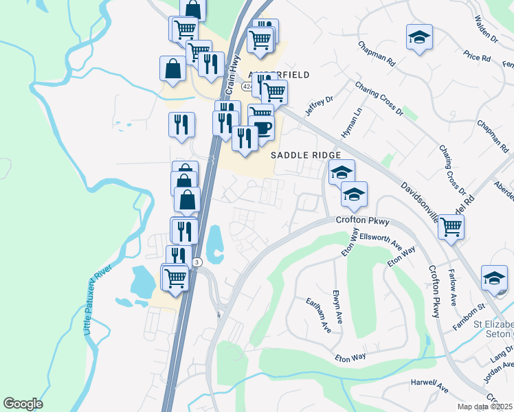 map of restaurants, bars, coffee shops, grocery stores, and more near 1588 Fallowfield Court in Crofton