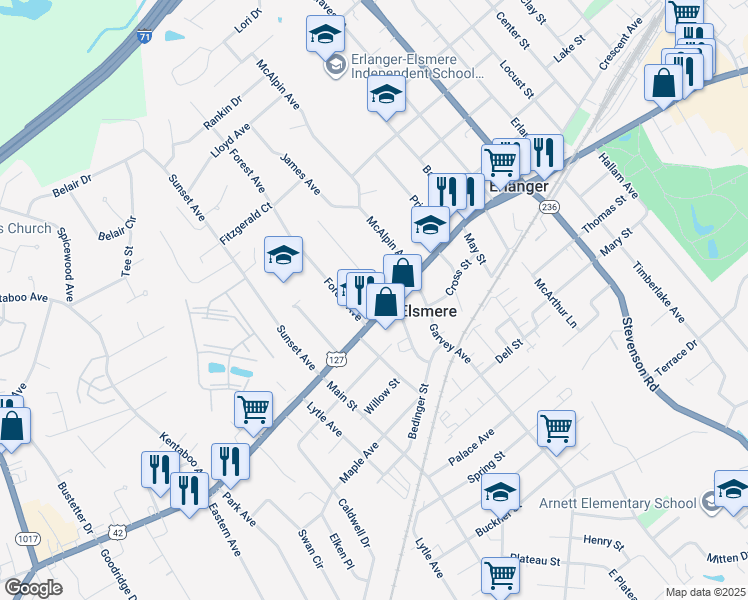 map of restaurants, bars, coffee shops, grocery stores, and more near 19 Linwood Avenue in Erlanger