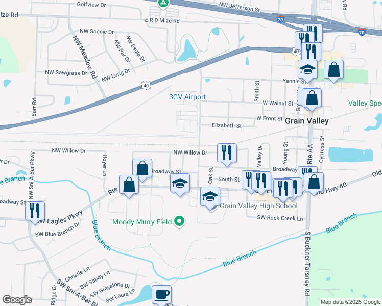map of restaurants, bars, coffee shops, grocery stores, and more near 718 Northwest Willow Drive in Grain Valley