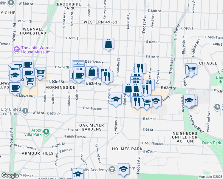 map of restaurants, bars, coffee shops, grocery stores, and more near 626 East 63rd Street in Kansas City