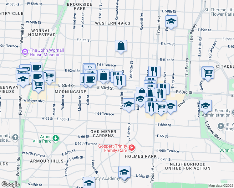 map of restaurants, bars, coffee shops, grocery stores, and more near 626 East 63rd Street in Kansas City