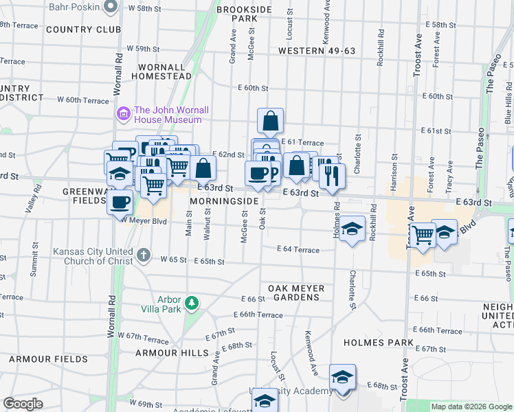 map of restaurants, bars, coffee shops, grocery stores, and more near 319 East 63rd Street in Kansas City