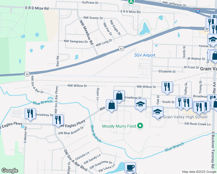 map of restaurants, bars, coffee shops, grocery stores, and more near 1014 Northwest Willow Drive in Grain Valley