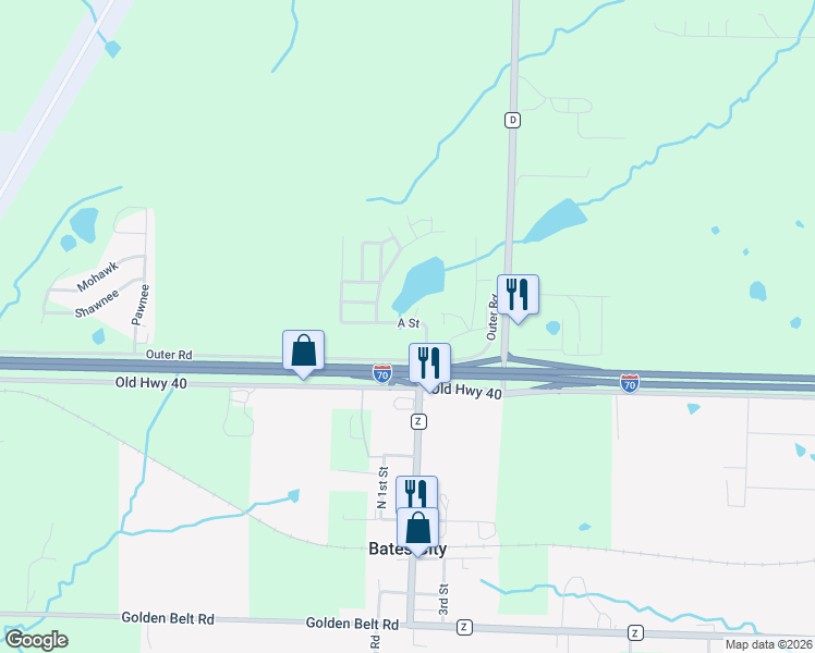 map of restaurants, bars, coffee shops, grocery stores, and more near 2099 Outer Road in Bates City