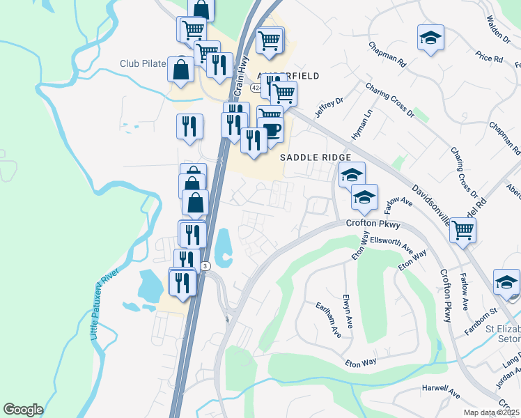 map of restaurants, bars, coffee shops, grocery stores, and more near 1534 Danewood Court in Crofton