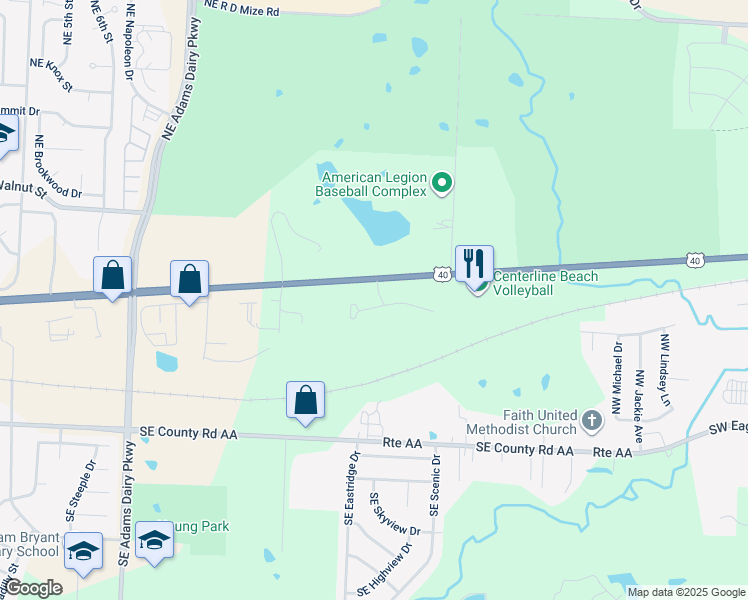 map of restaurants, bars, coffee shops, grocery stores, and more near 1745 Southeast Timbercreek Court in Blue Springs