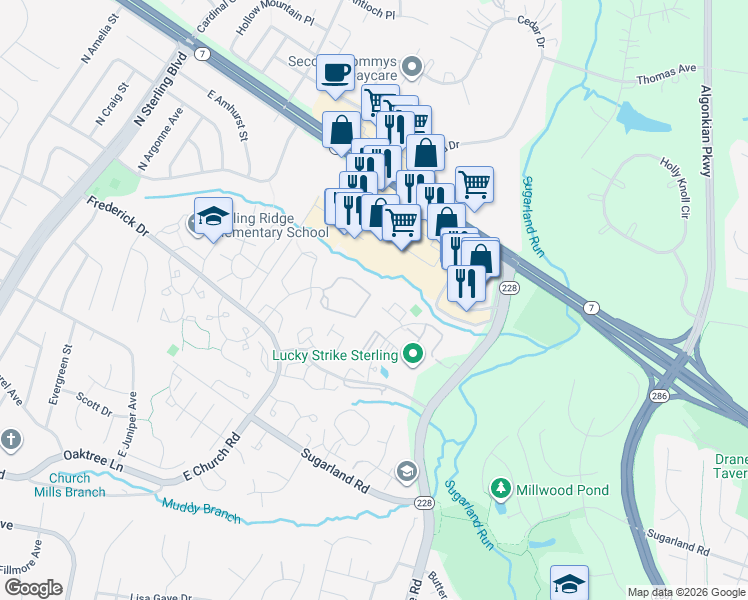 map of restaurants, bars, coffee shops, grocery stores, and more near 46870 Trumpet Circle in Sterling