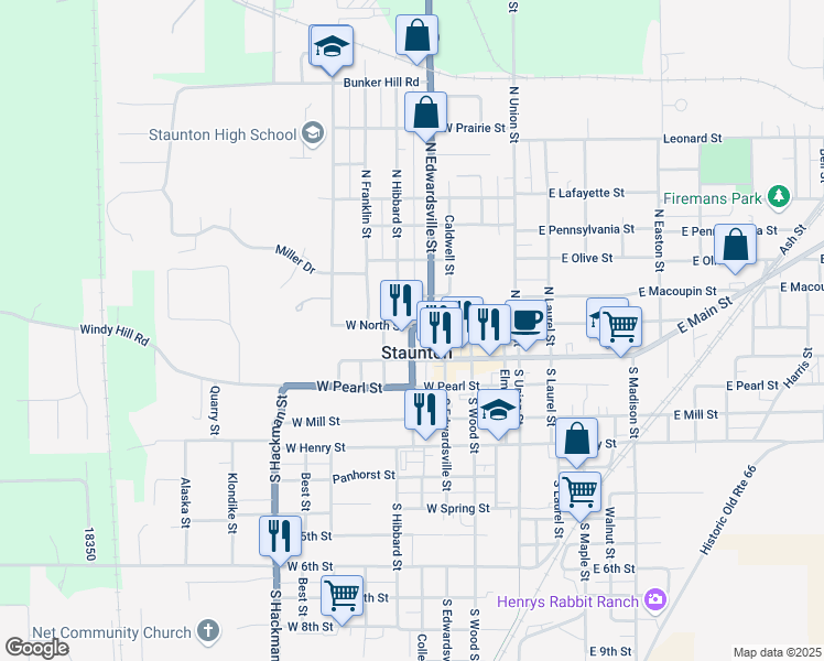 map of restaurants, bars, coffee shops, grocery stores, and more near 417 West North Street in Staunton