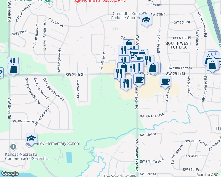map of restaurants, bars, coffee shops, grocery stores, and more near 2901 Southwest Armstrong Avenue in Topeka