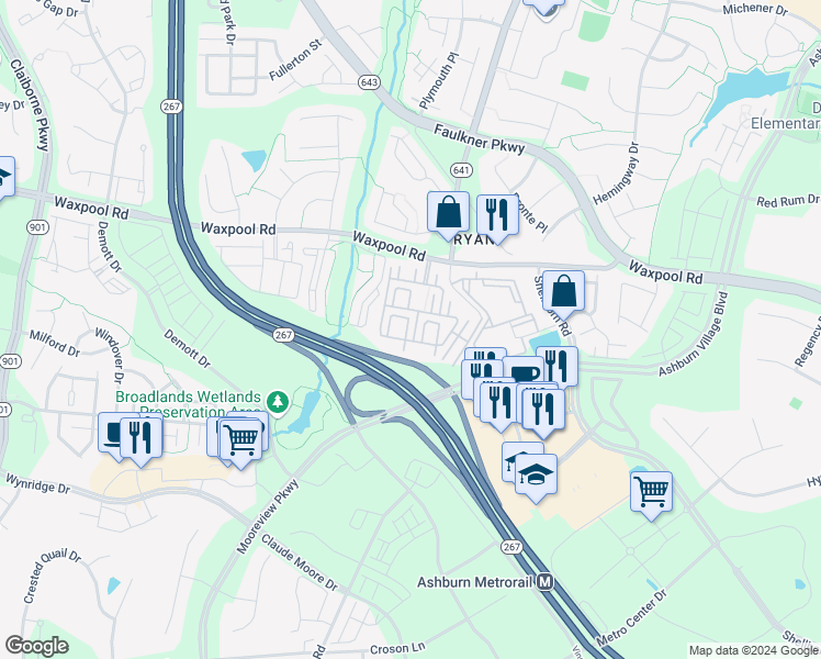 map of restaurants, bars, coffee shops, grocery stores, and more near 21838 Jarvis Square in Ashburn