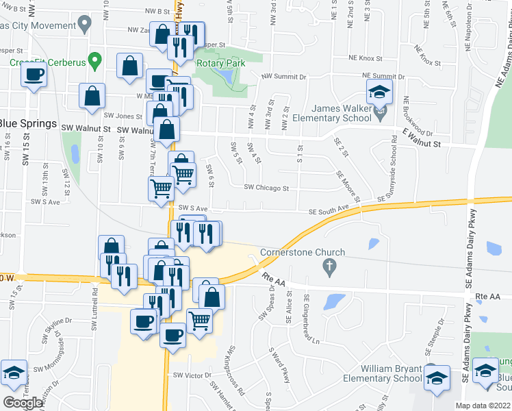 map of restaurants, bars, coffee shops, grocery stores, and more near 511 Southwest 4 Street in Blue Springs