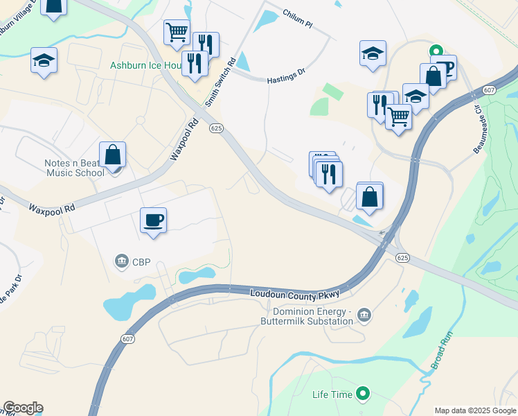 map of restaurants, bars, coffee shops, grocery stores, and more near 21744 Sir Timothy Drive in Ashburn