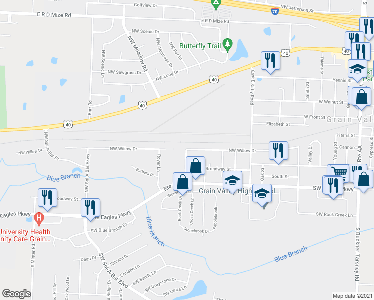 map of restaurants, bars, coffee shops, grocery stores, and more near 1033 Willow Drive in Grain Valley
