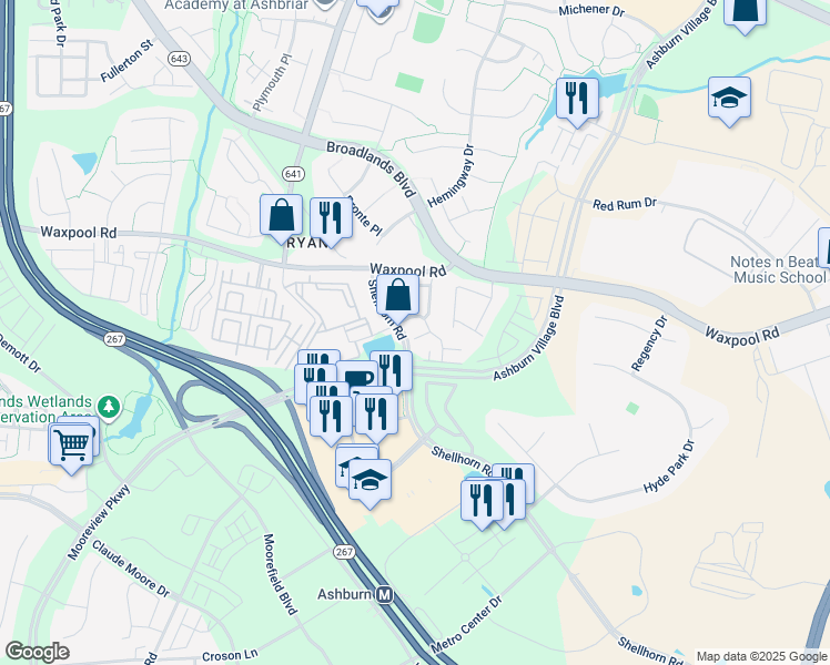 map of restaurants, bars, coffee shops, grocery stores, and more near 43686 Phelps Terrace in Ashburn