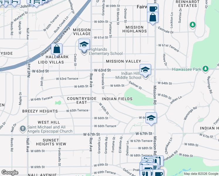 map of restaurants, bars, coffee shops, grocery stores, and more near 4404 West 64th Street in Prairie Village