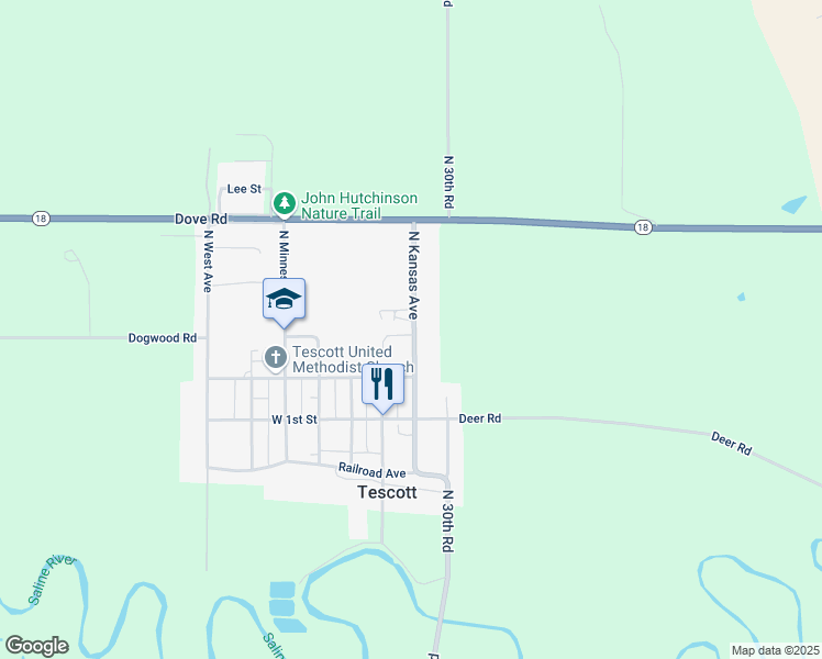 map of restaurants, bars, coffee shops, grocery stores, and more near 301-599 North Kansas Avenue in Tescott