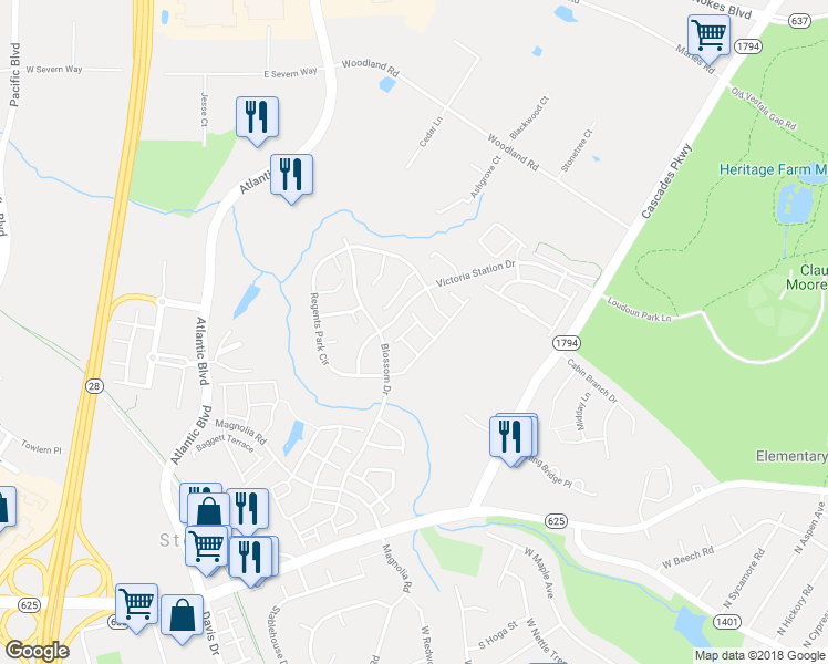 map of restaurants, bars, coffee shops, grocery stores, and more near 21786 Mornington Cresent Terrace in Sterling