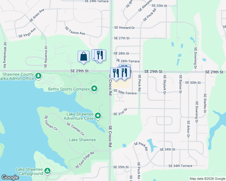 map of restaurants, bars, coffee shops, grocery stores, and more near 3625 30th Terrace in Topeka