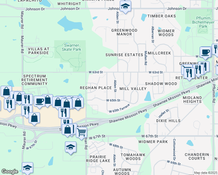 map of restaurants, bars, coffee shops, grocery stores, and more near 6327 Charlotte Street in Shawnee