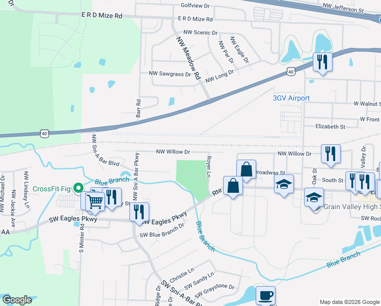 map of restaurants, bars, coffee shops, grocery stores, and more near 1108 Northwest Willow Drive in Grain Valley