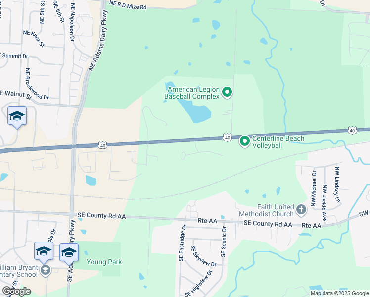 map of restaurants, bars, coffee shops, grocery stores, and more near 1745 Southeast Timbercreek Court in Blue Springs