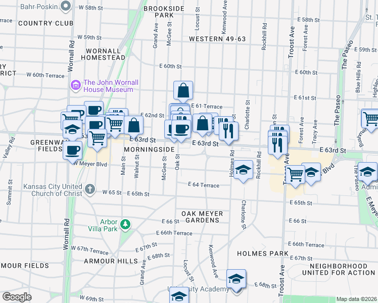 map of restaurants, bars, coffee shops, grocery stores, and more near 425 East 63rd Street in Kansas City