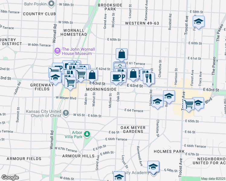 map of restaurants, bars, coffee shops, grocery stores, and more near 319 East 63rd Street in Kansas City