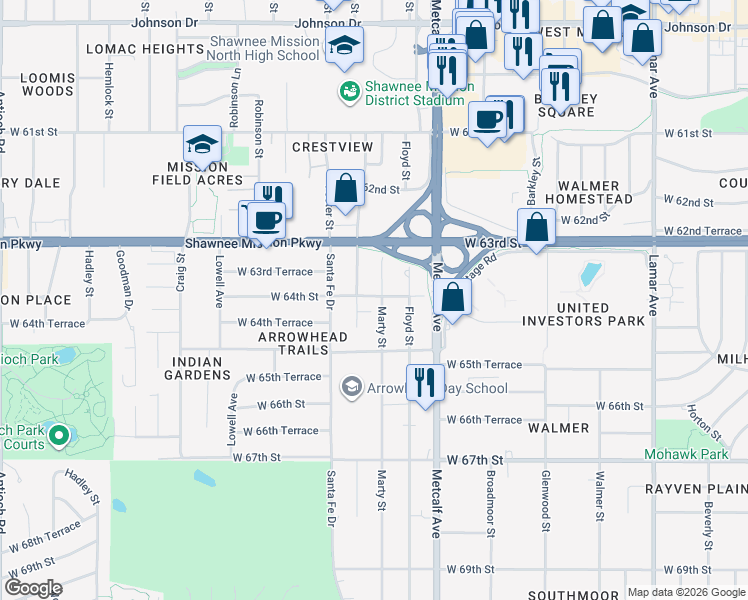 map of restaurants, bars, coffee shops, grocery stores, and more near 6337 Riley Street in Mission