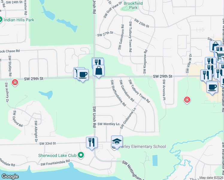 map of restaurants, bars, coffee shops, grocery stores, and more near 2918 Southwest Staffordshire Road in Topeka