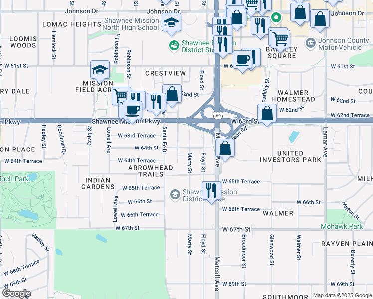 map of restaurants, bars, coffee shops, grocery stores, and more near 6337 Riley Street in Mission