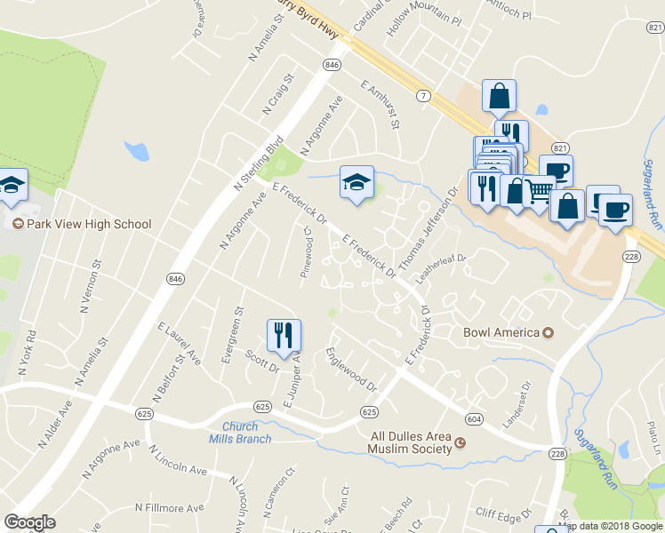 map of restaurants, bars, coffee shops, grocery stores, and more near 46647 Brownwood Square in Sterling