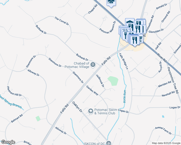 map of restaurants, bars, coffee shops, grocery stores, and more near 9606 Falls Road in Rockville