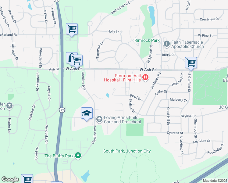 map of restaurants, bars, coffee shops, grocery stores, and more near 1498 Pearl Drive in Junction City