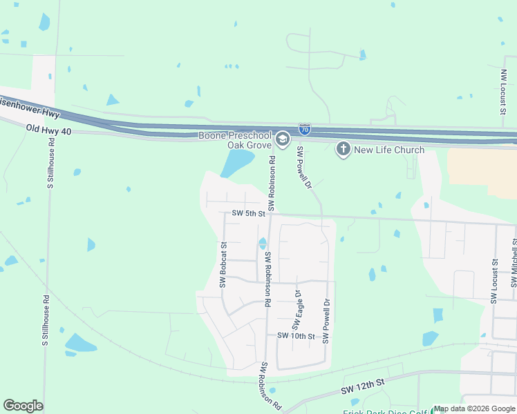 map of restaurants, bars, coffee shops, grocery stores, and more near 400 Southeast Prairie Lane in Oak Grove