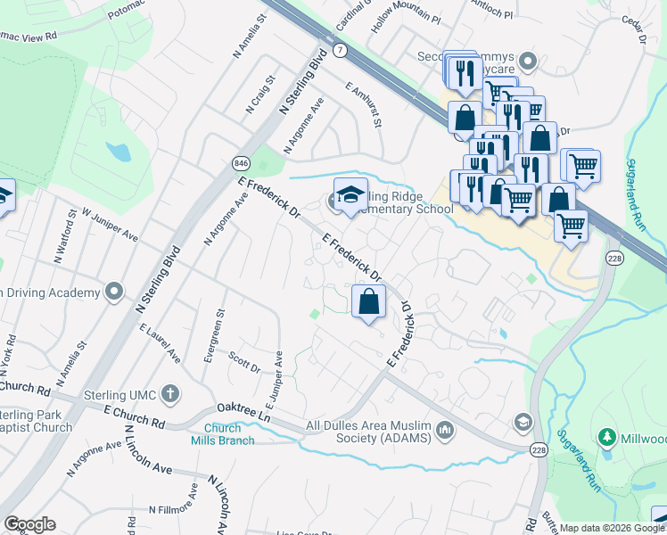 map of restaurants, bars, coffee shops, grocery stores, and more near 46685 Sandalwood Square in Sterling