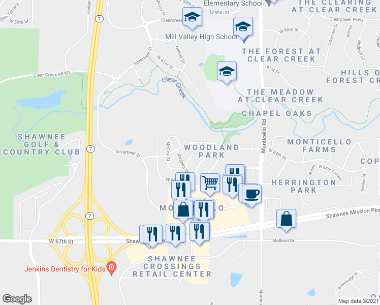map of restaurants, bars, coffee shops, grocery stores, and more near 6426 Hilltop Street in Shawnee