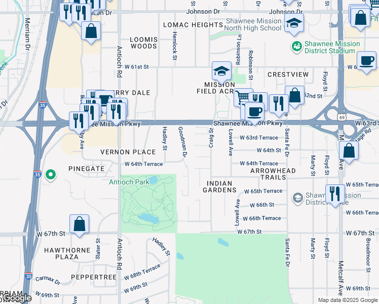 map of restaurants, bars, coffee shops, grocery stores, and more near 8016 West 64th Street in Mission