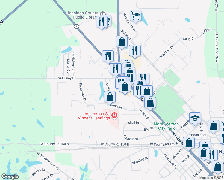 map of restaurants, bars, coffee shops, grocery stores, and more near 934 Veterans Drive in North Vernon