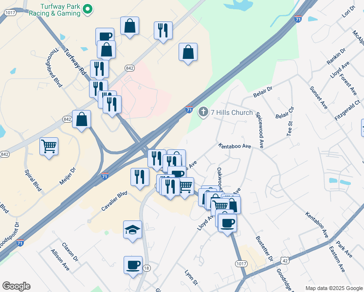 map of restaurants, bars, coffee shops, grocery stores, and more near 7310 Turfway Road in Florence