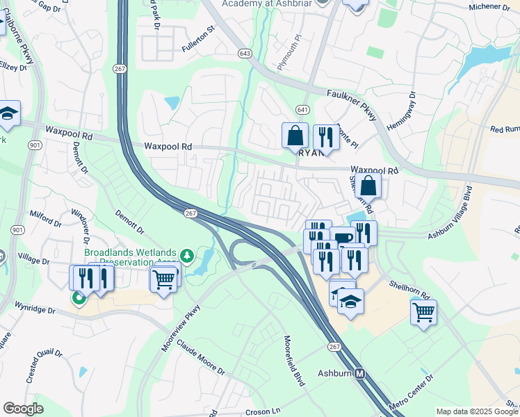map of restaurants, bars, coffee shops, grocery stores, and more near 21783 Jarvis Square in Ashburn