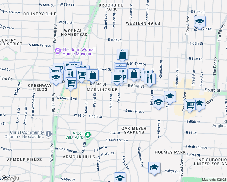 map of restaurants, bars, coffee shops, grocery stores, and more near 319 East 63rd Street in Kansas City