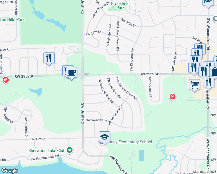 map of restaurants, bars, coffee shops, grocery stores, and more near 2924 Southwest Gainsboro Road in Topeka