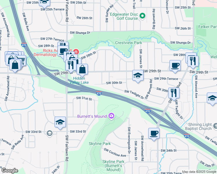 map of restaurants, bars, coffee shops, grocery stores, and more near 4801 SW 30th St in Topeka