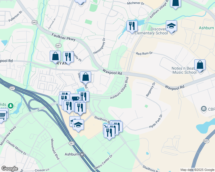 map of restaurants, bars, coffee shops, grocery stores, and more near 21825 Ladyslipper Square in Ashburn