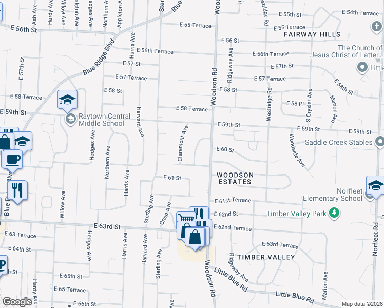 map of restaurants, bars, coffee shops, grocery stores, and more near 5914 Englewood Avenue in Raytown